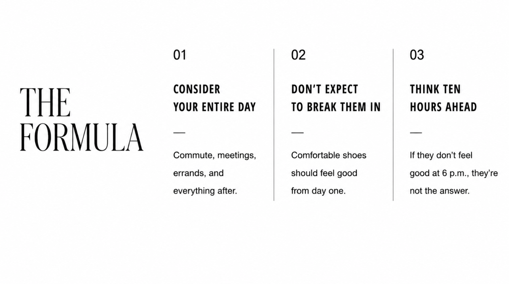 "the formula" for work shoes: tip 1 "Consider. yourentire day" followed by more tips