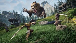 Tribesmen fight a big tiger in a screenshot from Soulmask