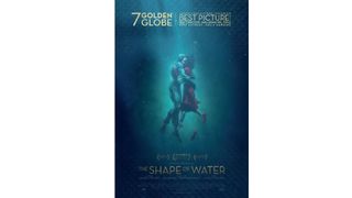 Shape of Water poster featuring woman kissing a fish-like man underwater