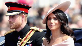 Meghan, Duchess of Sussex and Prince Harry, Duke of Sussex during Trooping The Colour on the Mall on June 9, 2018 in London, England.