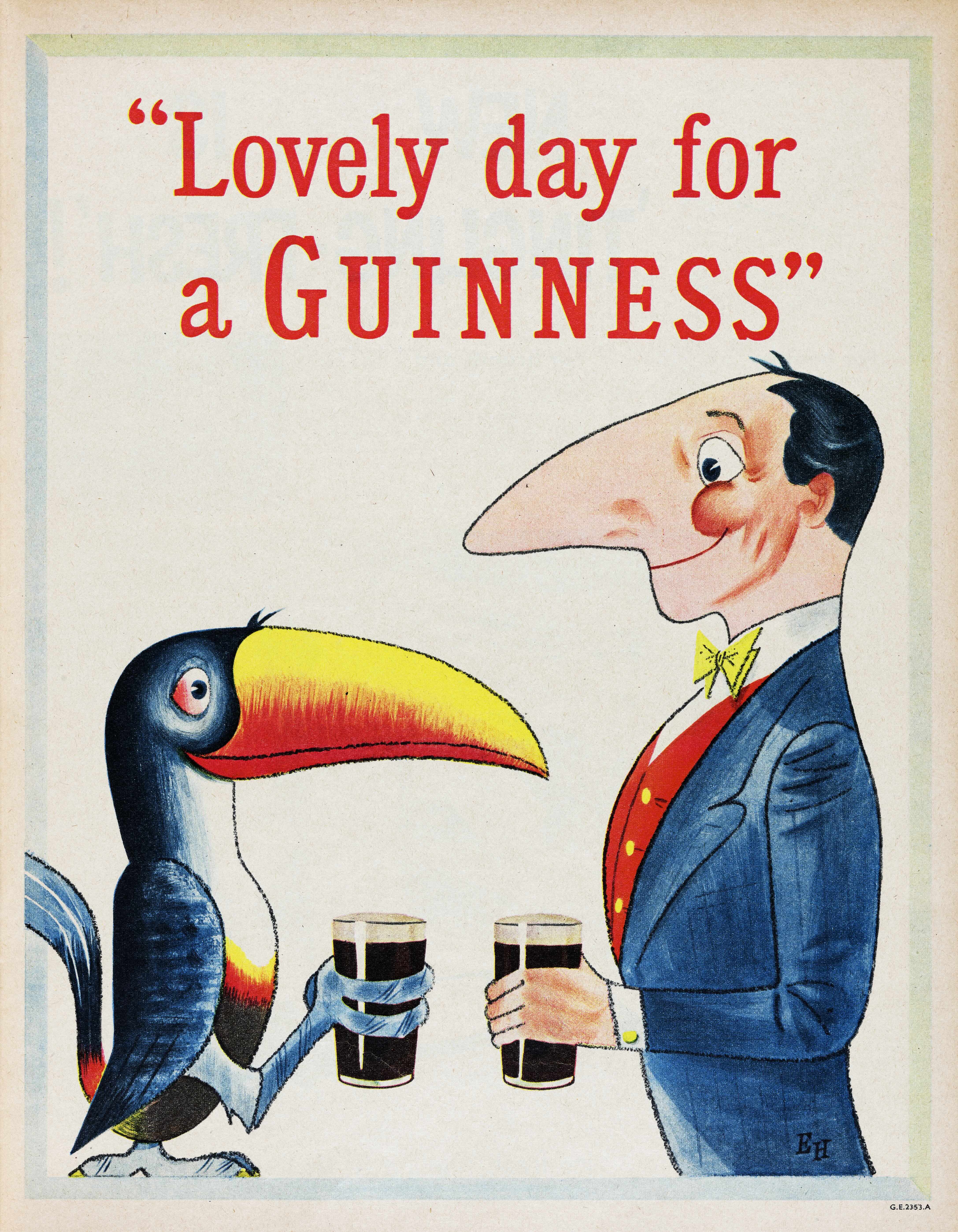 Advertisement for Guinness showing a man and a toucan holding glasses of stout with the caption 'Lovely day for a Guinness'.