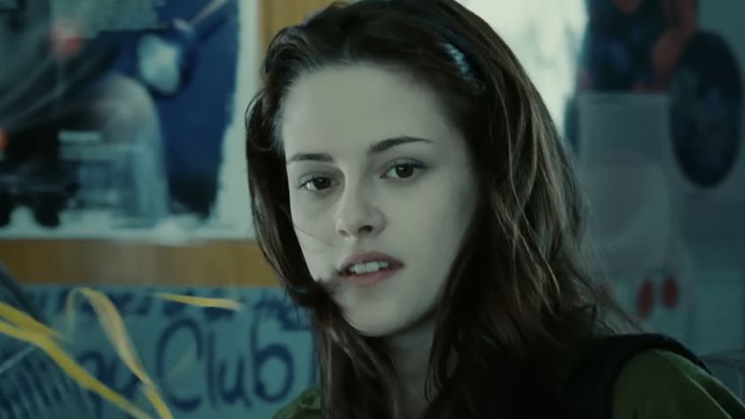 Kristen Stewart pale with Bella&#039;s hair blowing from a fan in Twilight.