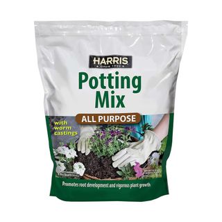 bag of Harris potting soil on white background