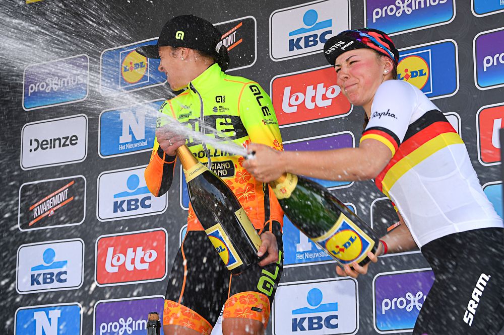 Julien D'Hoore, Marta Bastianelli and Lisa Klein on the Gent-Wevelgem podium