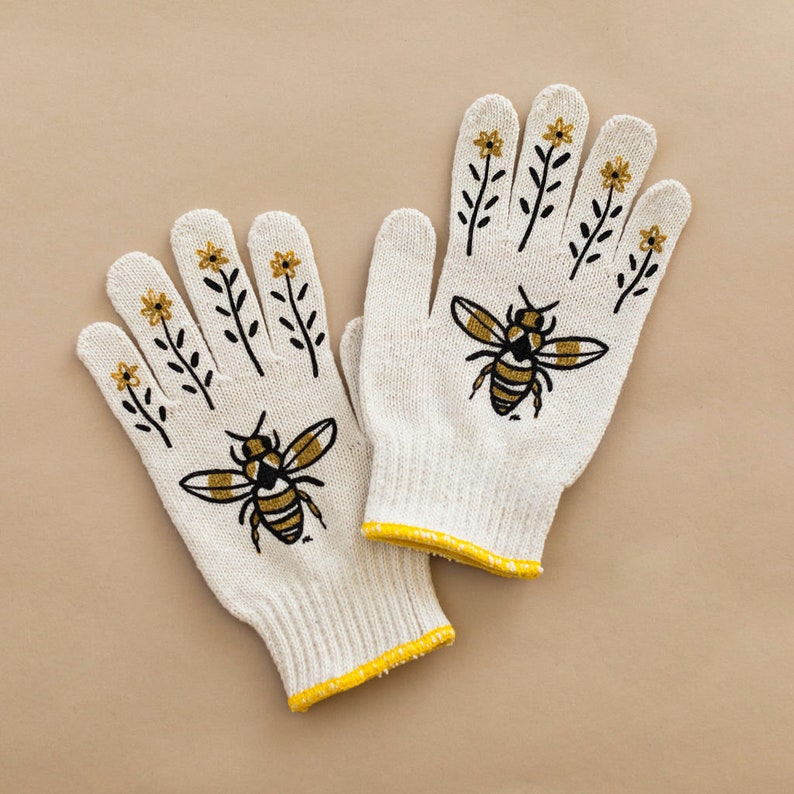 Bee Gardening Gloves: Hand Screen-Printed, Adult &amp;amp; Kids Sizes