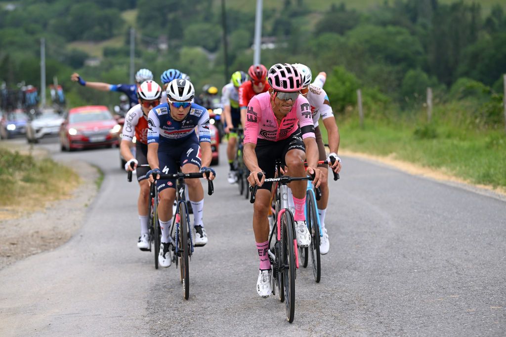 CRESTVOLAND FRANCE JUNE 09 LR Andrea Bagioli of Italy and Team Soudal Quick Step and Andrey Amador of Costa Rica and Team EF EducationEasyPost compete in the breakaway during the 75th Criterium du Dauphine 2023 Stage 6 a 1702km stage from Nantua to CrestVoland 1218m UCIWT on June 09 2023 in CrestVoland France Photo by Dario BelingheriGetty Images