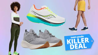 a collection of Saucony items including sneakers, shorts, tops and leggings