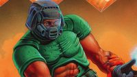 Zoom-in of Doom cover art showing doom guy's panicked expression and torn shirt.
