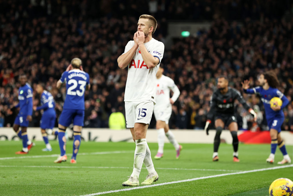 Eric Dier of Tottenham Hotspur celebrates scoring a goal which was later ruled out for offside during the Premier League match between Tottenham Hotspur and Chelsea FC at Tottenham Hotspur Stadium on November 06, 2023 in London, England.