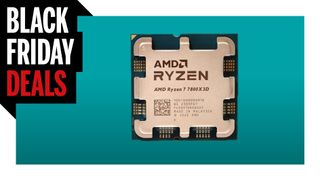 AMD Ryzen 7 7800X3D processor chip on blue background with Black Friday Deals logo