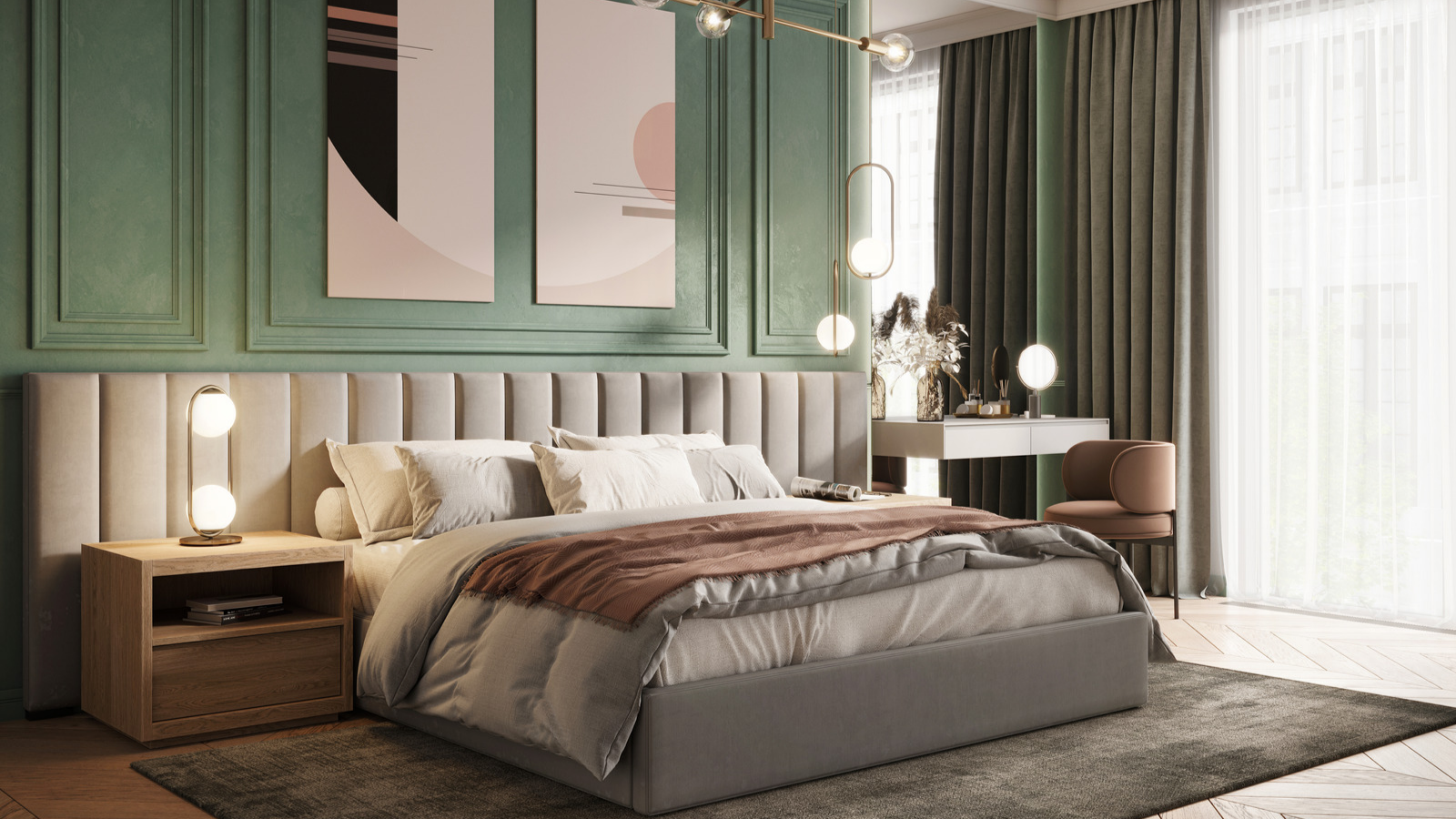 sophisticated bedroom with padded headboard wall and green wall with paneling all kept tidy to show how to declutter a bedroom to make it presentable