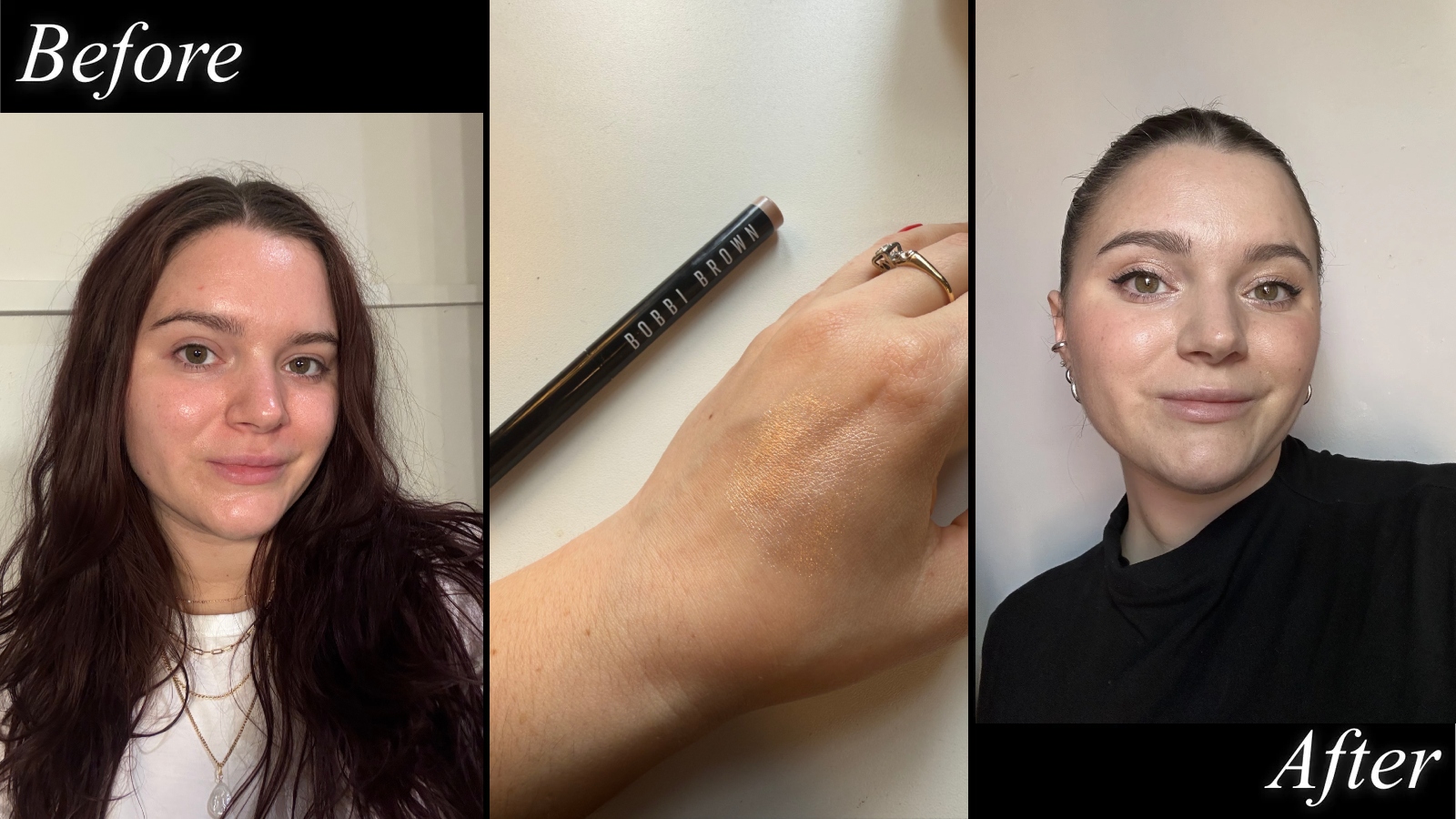 Brooke Knappenberger, Marie Claire associate commerce editor, tests the bobbi brown long wear cream shadow stick in moonstone