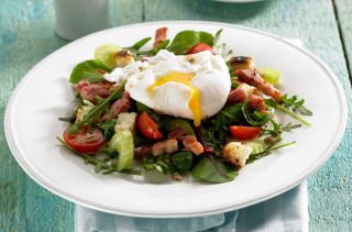 Poached egg and bacon salad