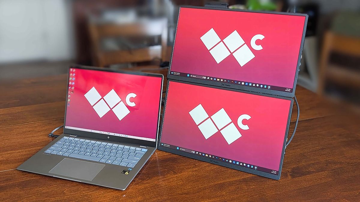 JSAUX FlipGo Horizon connected to a laptop with the monitors stacked one on top and one below it.