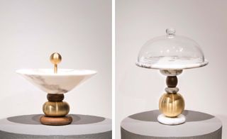 Left image: Marble and gold bowl and cake platter design without lid, Right image: Marble and gold bowl and cake platter design with clear dome lid, white background, grey stand