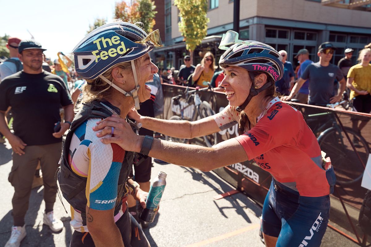 Hannah Otto (right) congratulates Sarah Sturm at the finish line for her ninth-place finish and second place in Life Time Grand Prix