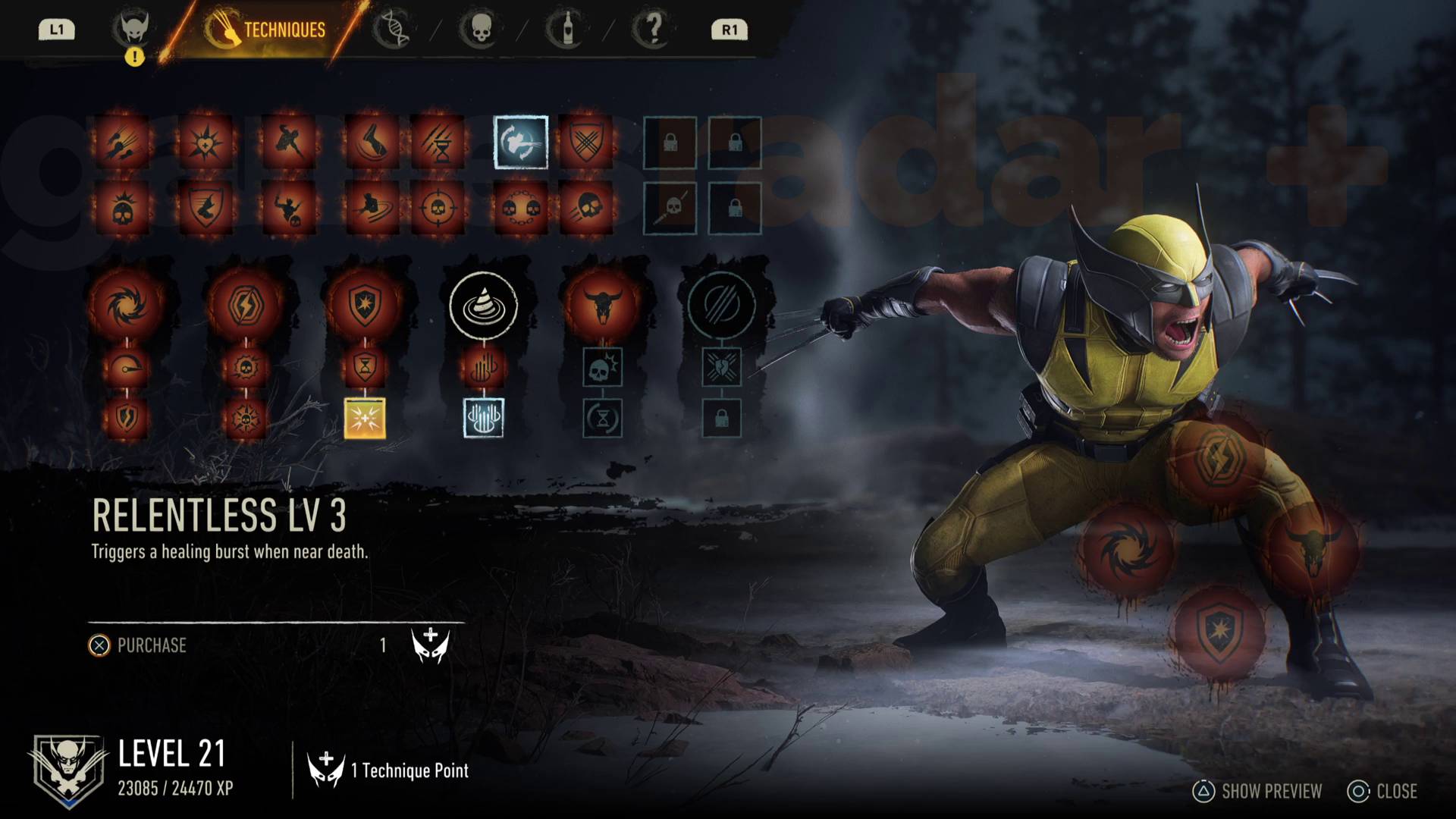 Marvel's Wolverine Techniques menu Relentless LV3 special technique