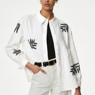 M&S Linen Rich Embroidered Collared Shirt