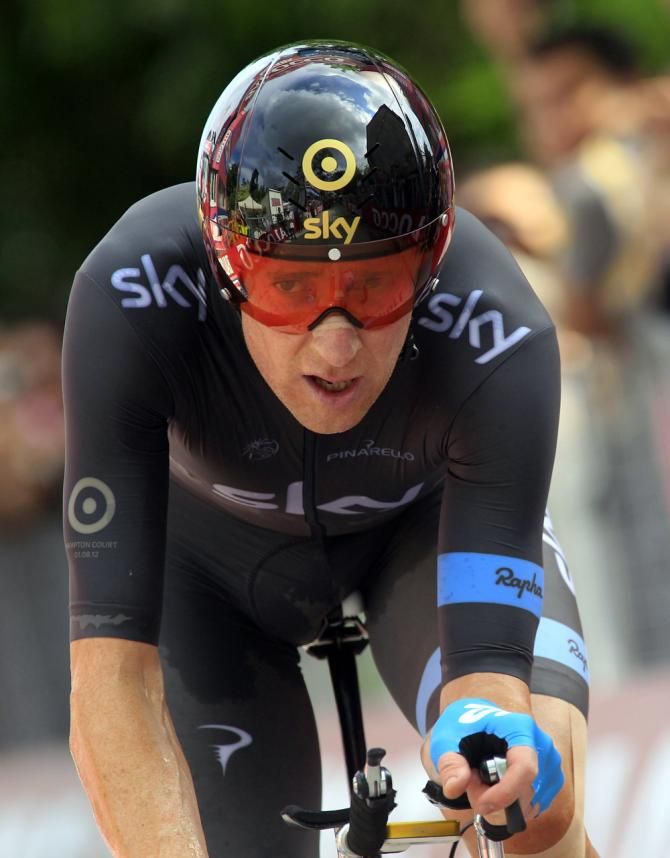 Bradley Wiggins (Sky) comes over the line in second place