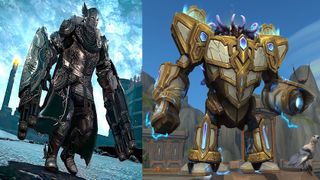 An image of an armored knight wielding giant arm cannons stands next to a minotaur riding in a heavily armed combat mech