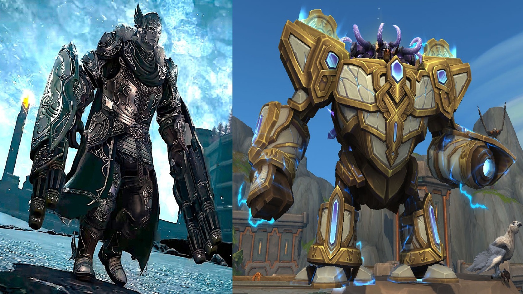 An image of an armored knight wielding giant arm cannons stands next to a minotaur riding in a heavily armed combat mech