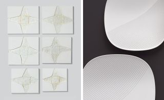 LEFT: 4 white square wall decors with star design photographed against a white background; RIGHT: two while placts with line designs covering half of the plate photographed against a black background