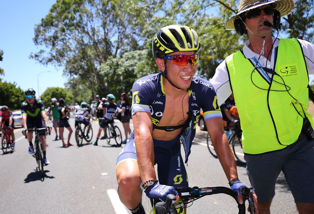 Caleb Ewan after winning stage 1 at the Tour Down Under