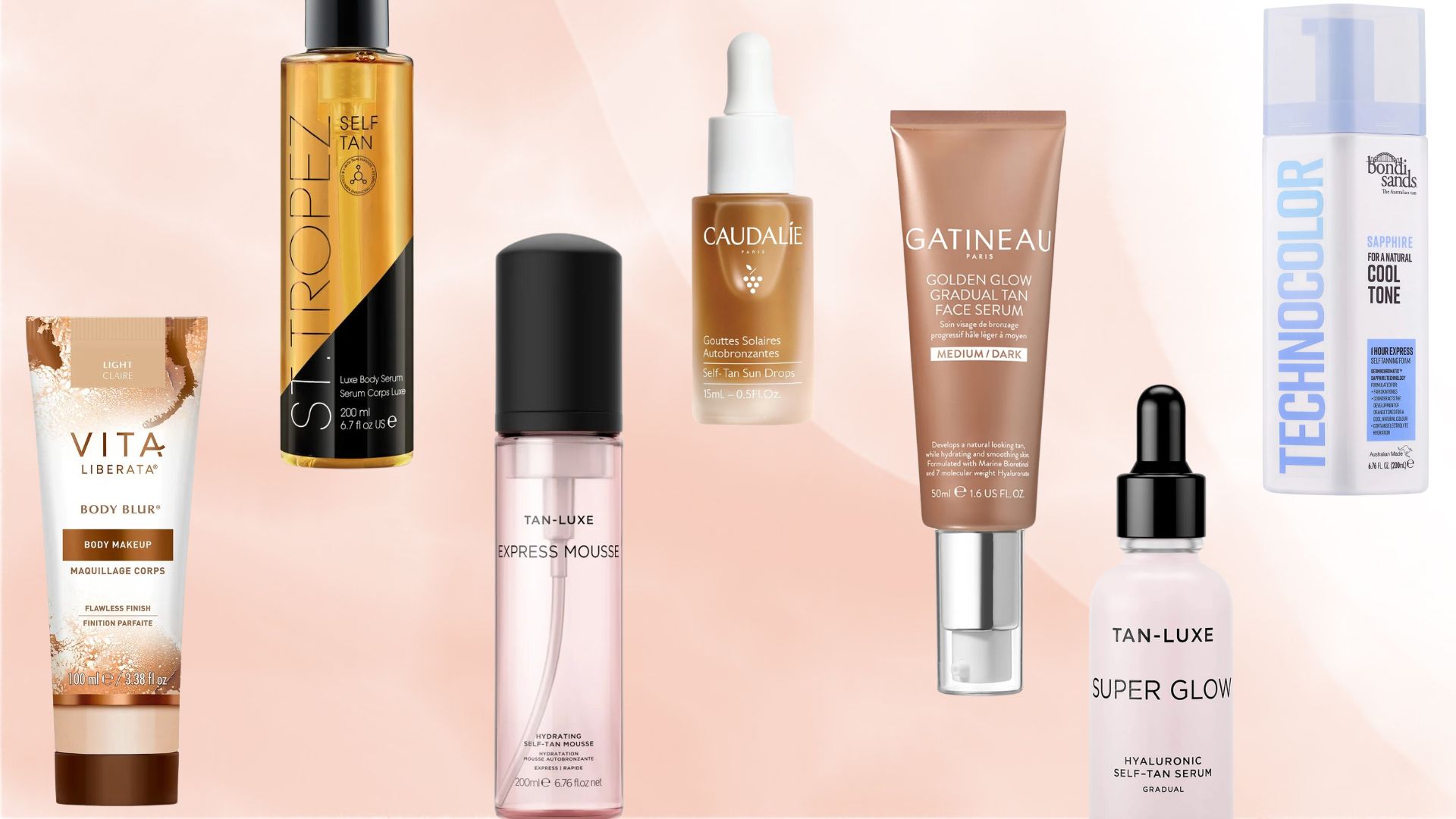 a selection of our best fake tan picks from Vita Liberata, St. Tropez, Tan-Luxe, Caudalie, Gatineau and Bondi Sands on a light pink background