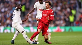 Curtis Jones catches Yves Bissouma in a challenge which saw the Liverpool midfielder sent off following a VAR check against Tottenham in September 2023.