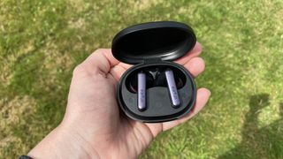 Earfun Air S earbuds in case, on grassy background