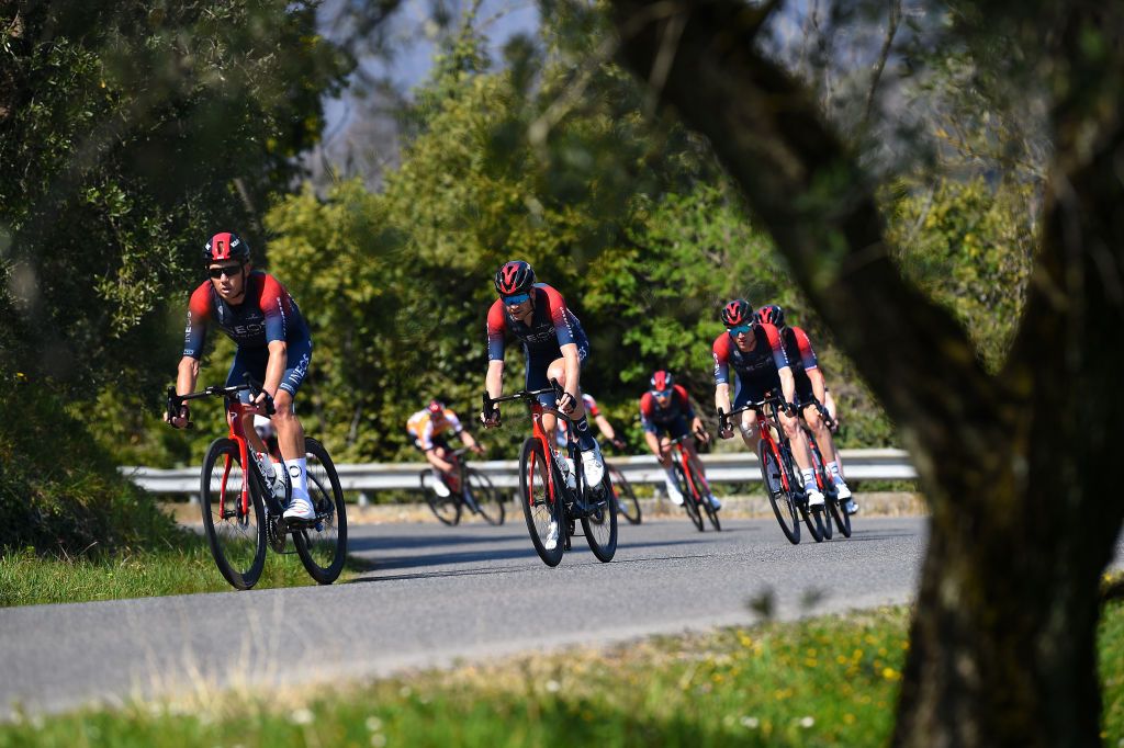 MONTECATINI TERME ITALY MARCH 25 LR Cameron Wurf of Australia and Laurens De Plus of Belgium and Team INEOS Grenadiers lead the peloton during the 36th Settimana Internazionale Coppi e Bartali 2022 Stage 4 a 1587km stage from Montecatini to Montecatini CoppieBartali on March 25 2022 in Montecatini Terme Italy Photo by Dario BelingheriGetty Images