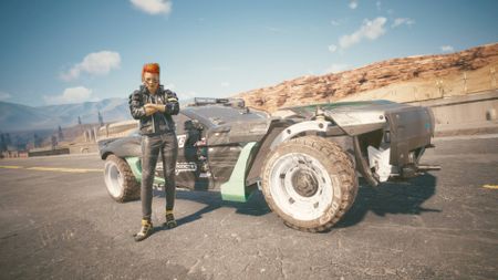 Cyberpunk 2077 Ken Block car V posing in front of Type-66 Hoon car
