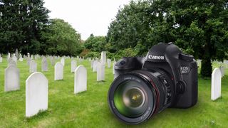 A composite of a Canon EOS 6D sitting in a graveyard
