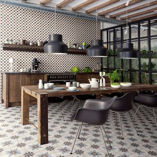 kitchen room with checkered walls and printed tiled flooring