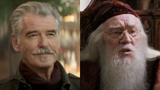 Pierce Brosnan with goatee in The OutLaws/ Richard Harris as Albus Dumbledore in Harry Potter and the Chamber of Secrets (side by side)