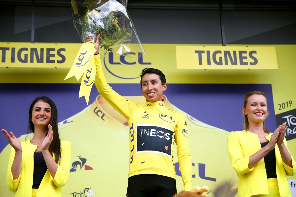 Egan Bernal in the maillot jaune after stage 19