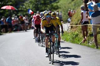 MEGEVE FRANCE AUGUST 15 Tom Dumoulin of The Netherlands and Team Jumbo Visma Primoz Roglic of Slovenia and Team Jumbo Visma Yellow Leader Jersey Public Fans during the 72nd Criterium du Dauphine 2020 Stage 4 a 1533km stage from Ugine to Megeve 1458m dauphine Dauphin on August 15 2020 in Megeve France Photo by Justin SetterfieldGetty Images