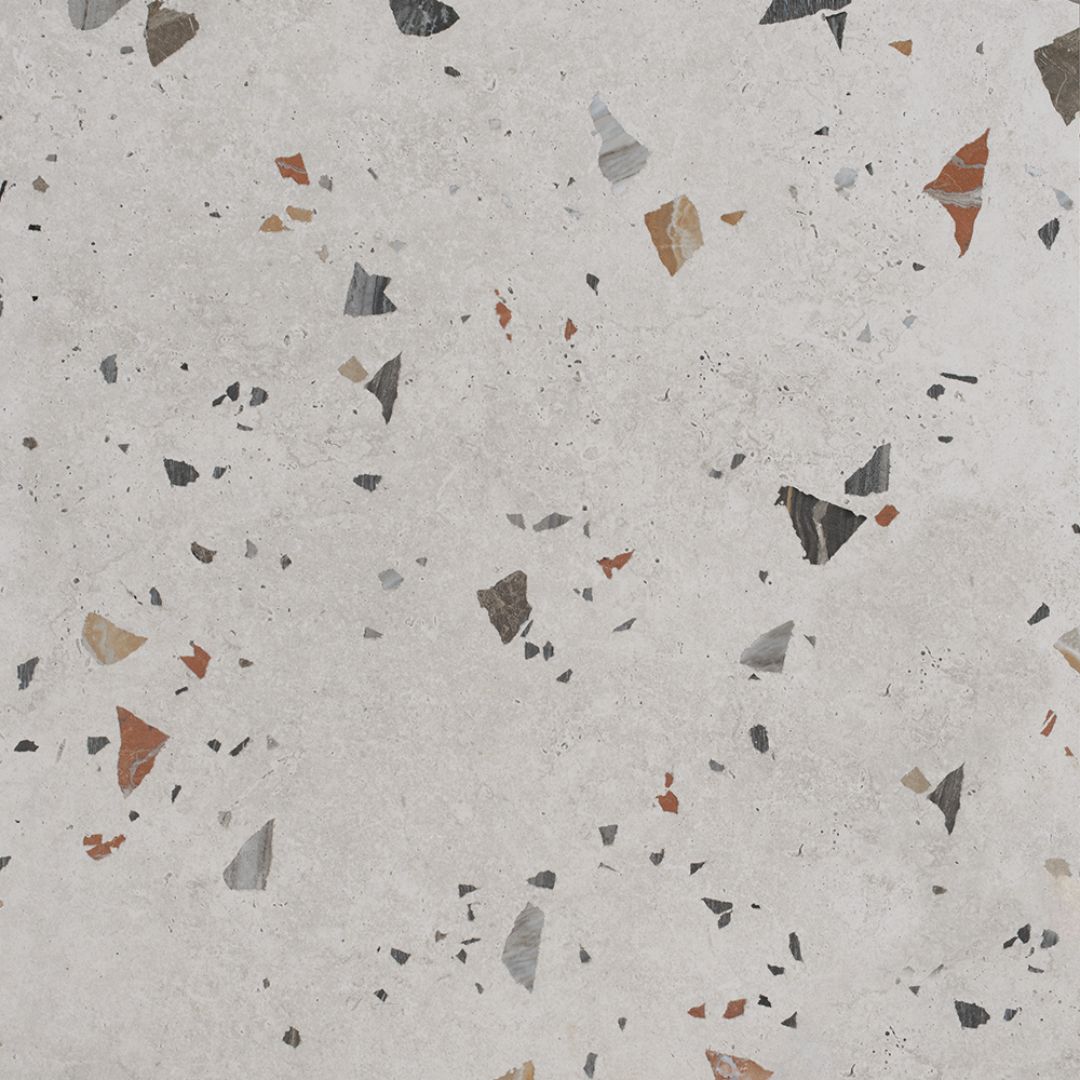 Close up of a grey-white terrazzo tile