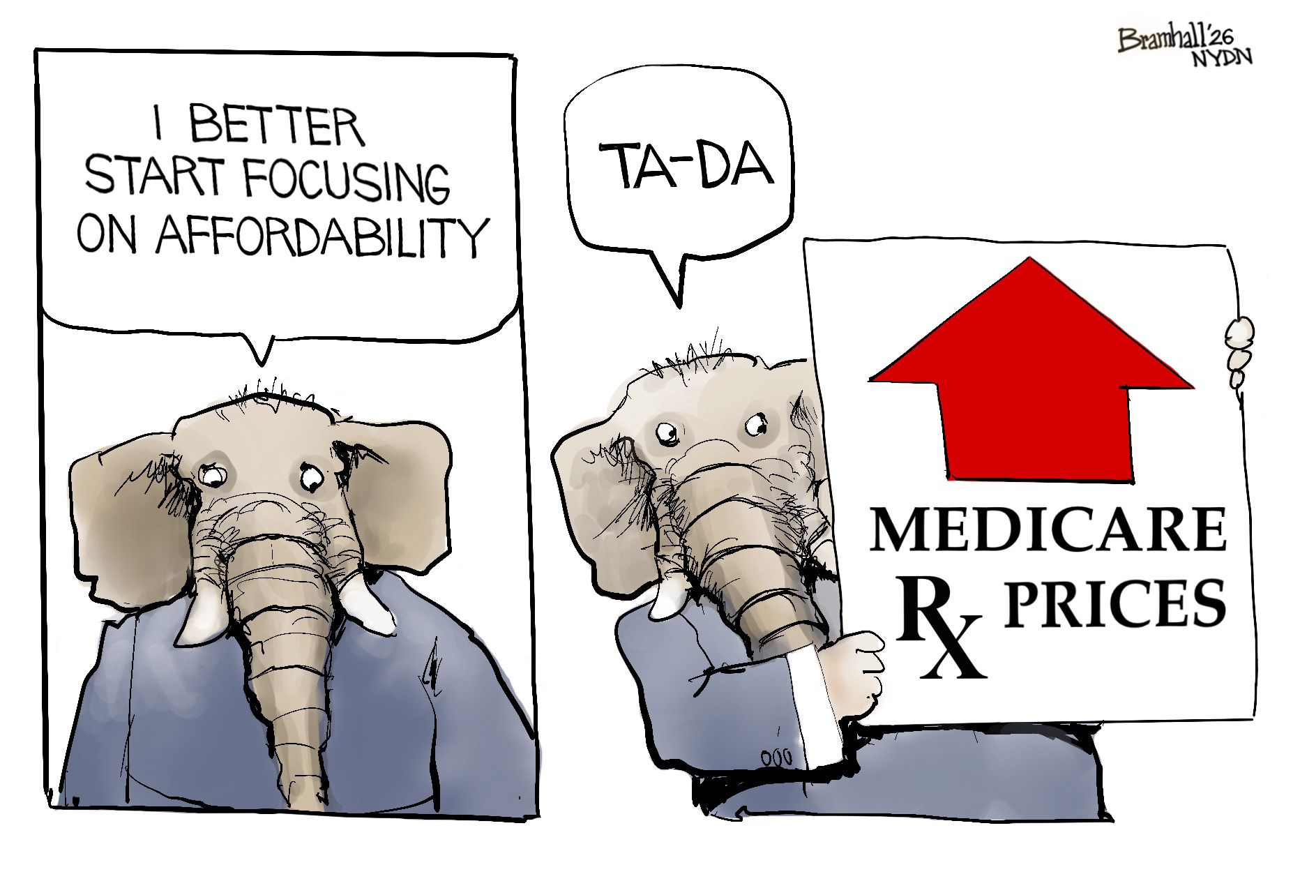 
                                An elephant in a suit speaks to himself on the left side of this two-column cartoon. He says, “I better start focusing on affordability.” On the right side, he says, “Ta-da” and holds a sign with an arrow pointing up and the words “Medicare RX Prices.”
                            