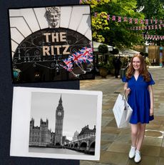 A collage featuring the Ritz, Big Ben, and Kristin Contino holding a shopping bag