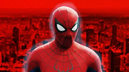 Spider-Man (Tom Holland) from "Spider-Man: Brand New Day" in his suit against a red-tinted cityscape 
