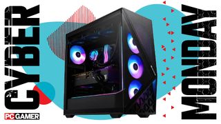 An iBuyPower Slate gaming PC on a Cyber Monday background