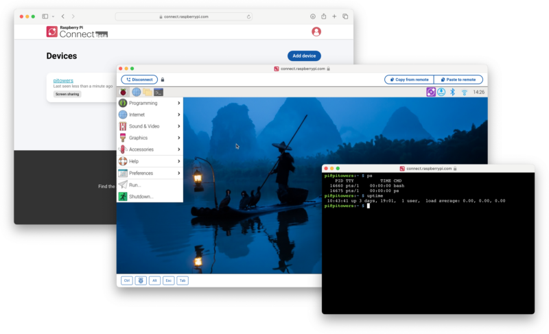 The Raspberry Pi connect interface, an open web browser running the service, and an accompanying command-line interface. 