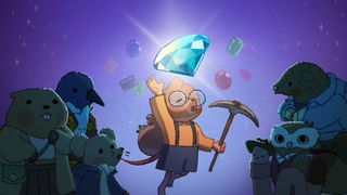 A mole with a diamond and a pickaxe, with other animals watching