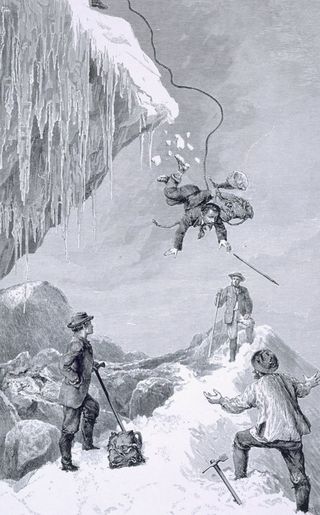 An engraving from Edward Whymper of the kind of fall that can occur on in the mountains