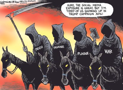 Political cartoon U.S. Trump campaign ads midterm elections death famine plague war social media