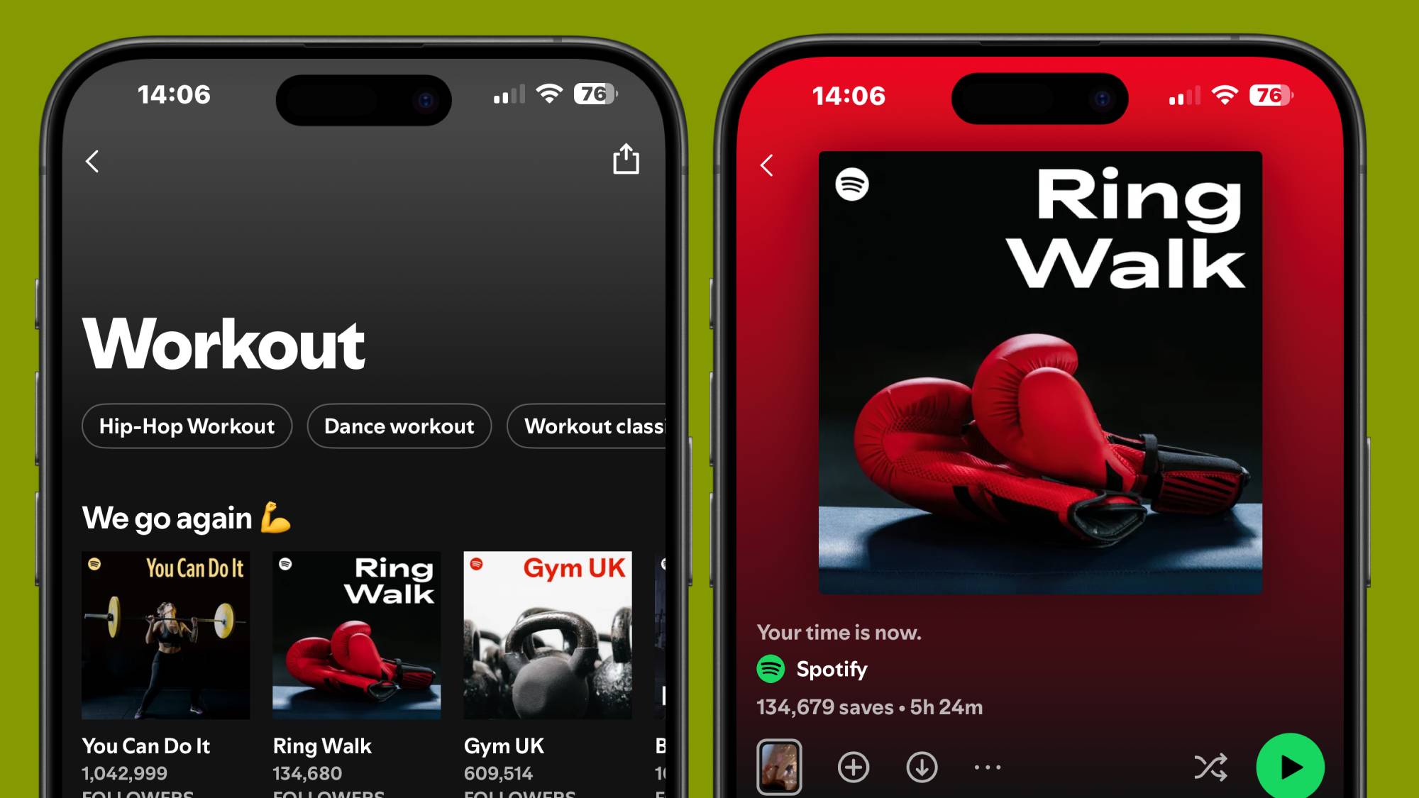 Screenshots of Spotify's workout hub and Ring Walk playlist