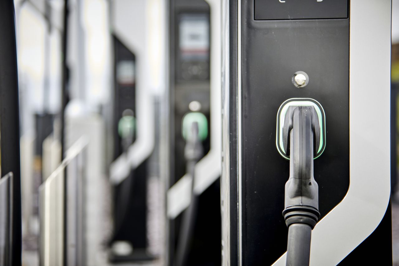 Line of electric vehicle chargers.