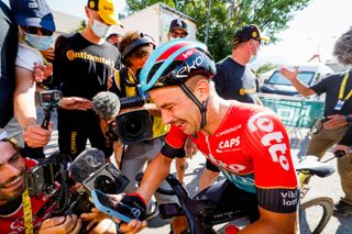 Belgian Victor Campenaerts of Lotto Dstny celebrates after winning stage 18 of the 2024 Tour de France cycling race, from Gap to Barcelonnette (179,6 km), in France, on Thursday 18 July 2024. The 111th edition of the Tour de France starts on Saturday 29 June and will finish in Nice, France on 21 July. BELGA PHOTO POOL TIM AN WICHELEN (Photo by POOL TIM AN WICHELEN / BELGA MAG / Belga via AFP)