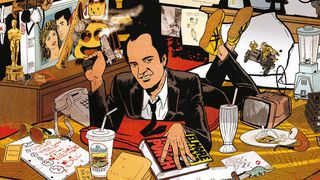 Quentin Tarantino lounges at his desk with a smoking gun in hand, surrounded by film memorabilia